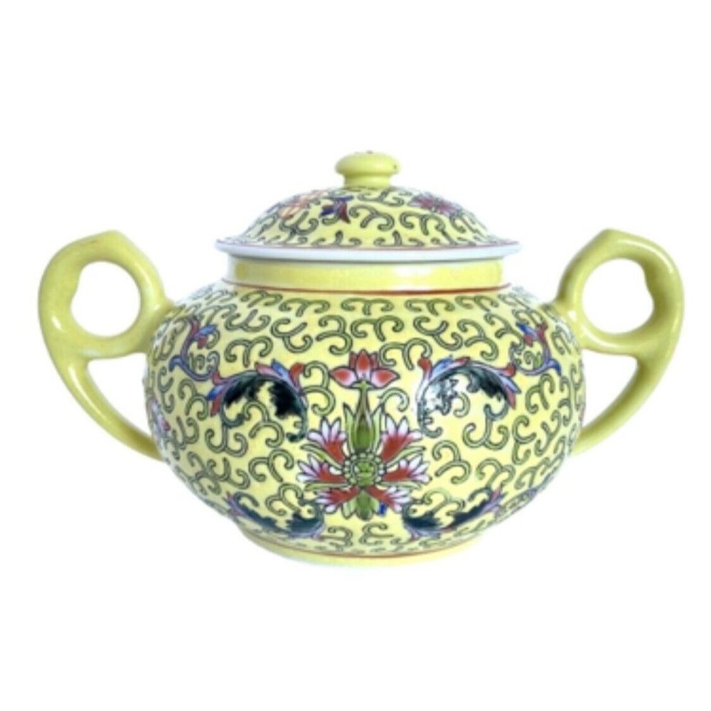 1972 Chinese Famille Juane Yellow Floral Enamel Jingdezhen China Sugar Bowl Lid